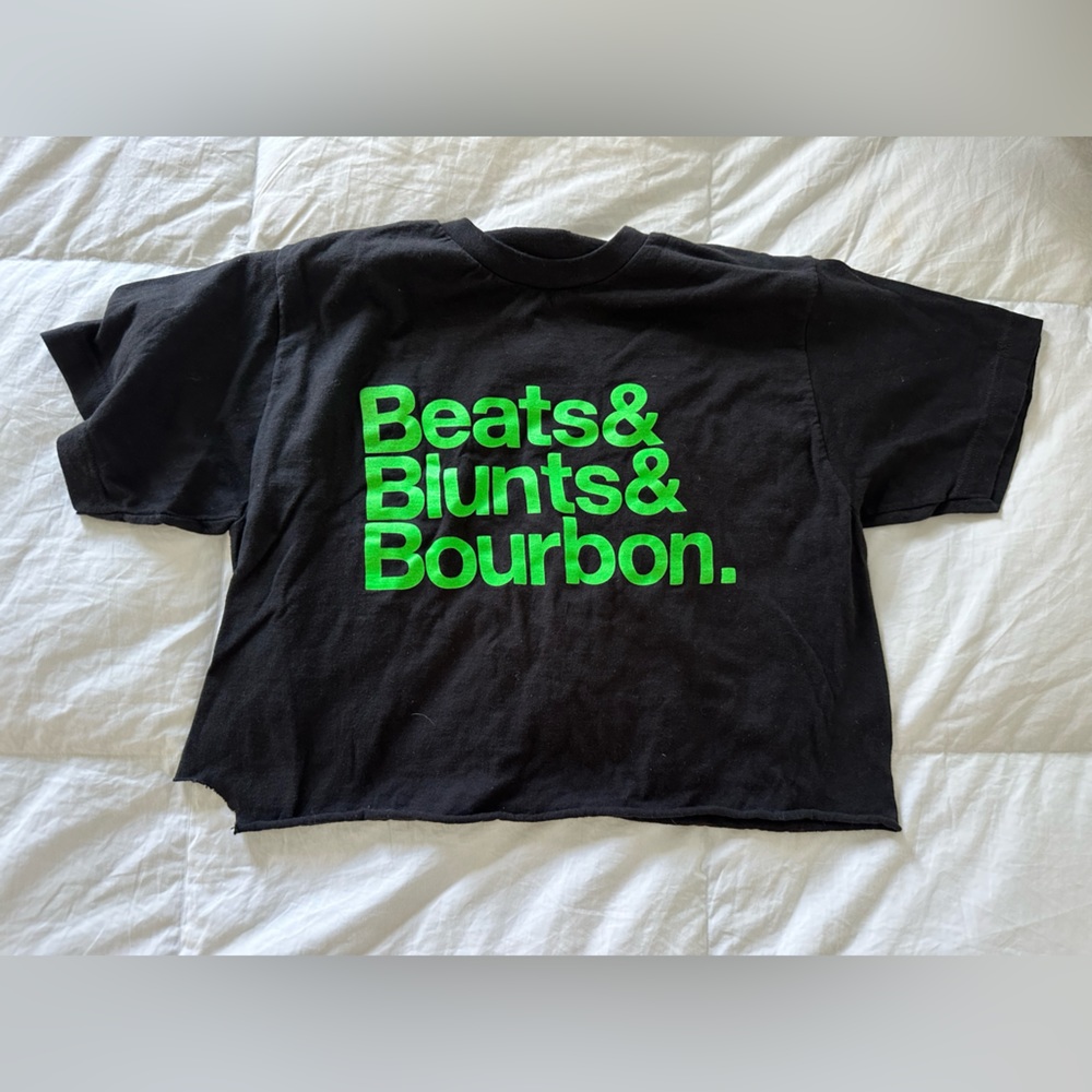 “Beats, blunts, and bourbon” crop top. Size small.